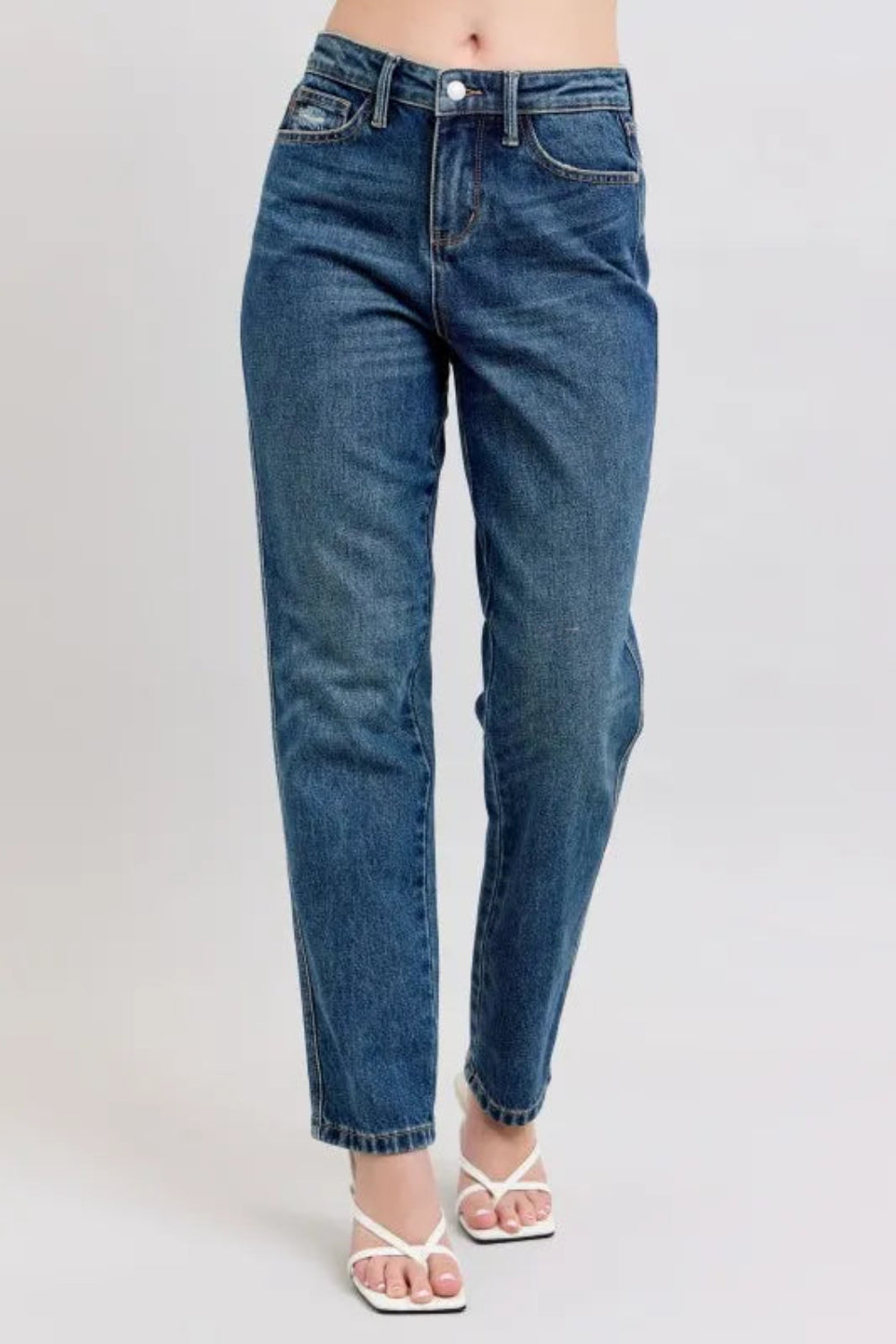 Judy Blue Jeans, full-size, high-rise, medium wash, cropped ankle, straight leg, pocketed, button and zipper closure, slightly stretchy, front view