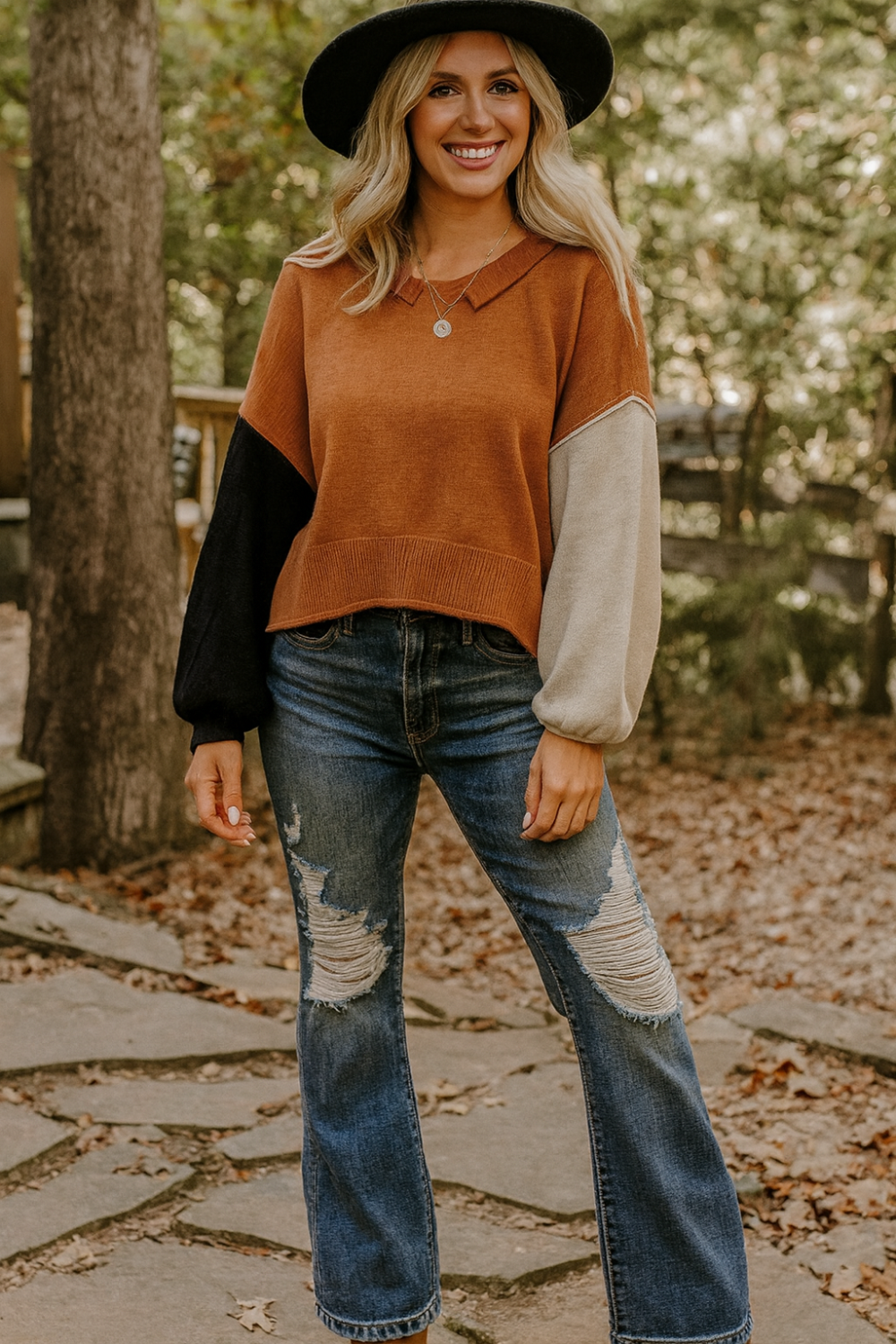 sweater, pullover, collared neck, long sleeve, drop shoulder, exposed seams, colorblock, balloon sleeves, ribbed collar, cuffs and hem, slightly stretchy, front view