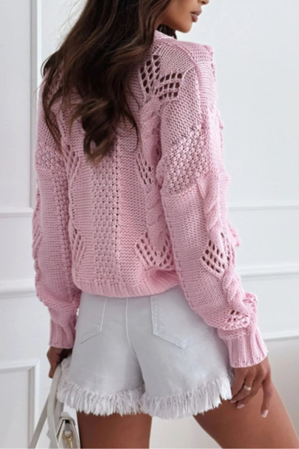 Cardigan, long sleeve, drop shoulder, openwork, cable knit, v-neck, buttoned, no stretch back view