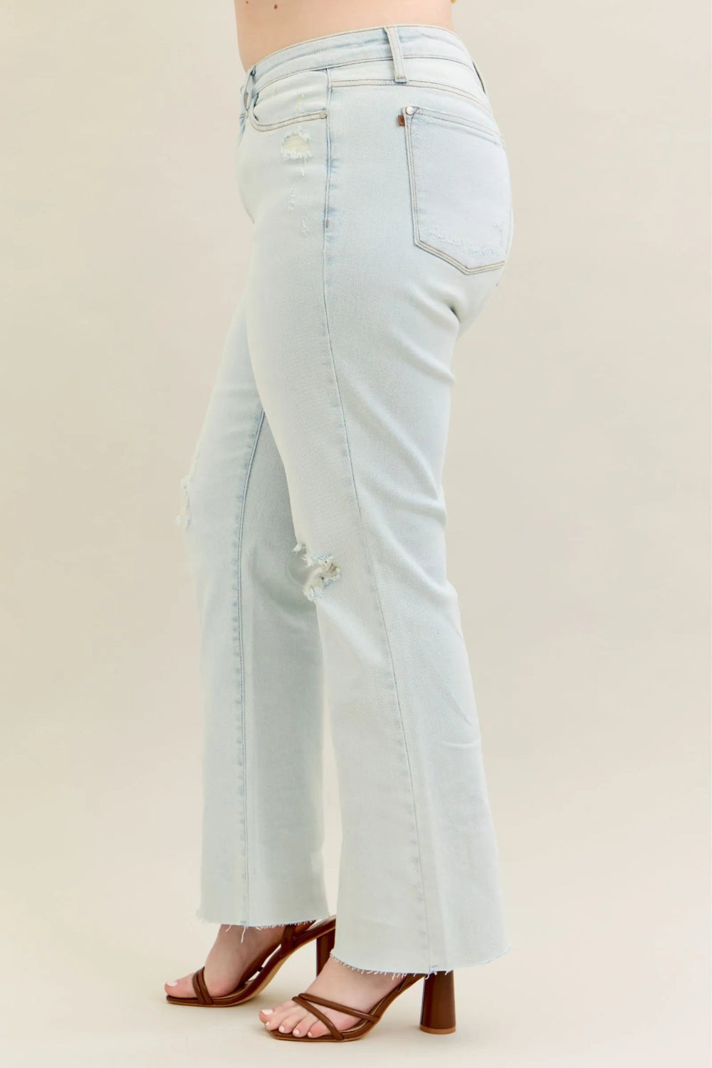 Judy Blue Jeans, Full Size, High-Rise, Destroyed, Raw Hem, Light wash, Button/Zipper Closure, Moderate Stretch, Bootcut Side View