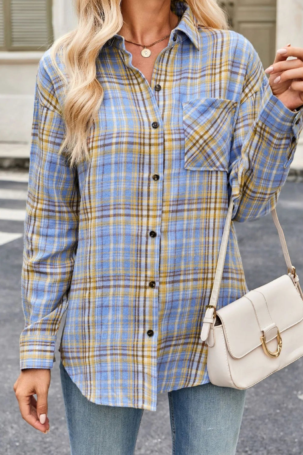 Shirt, long sleeve, collared, plaid print, buttoned, pocketed, oversized, no stretch, front view