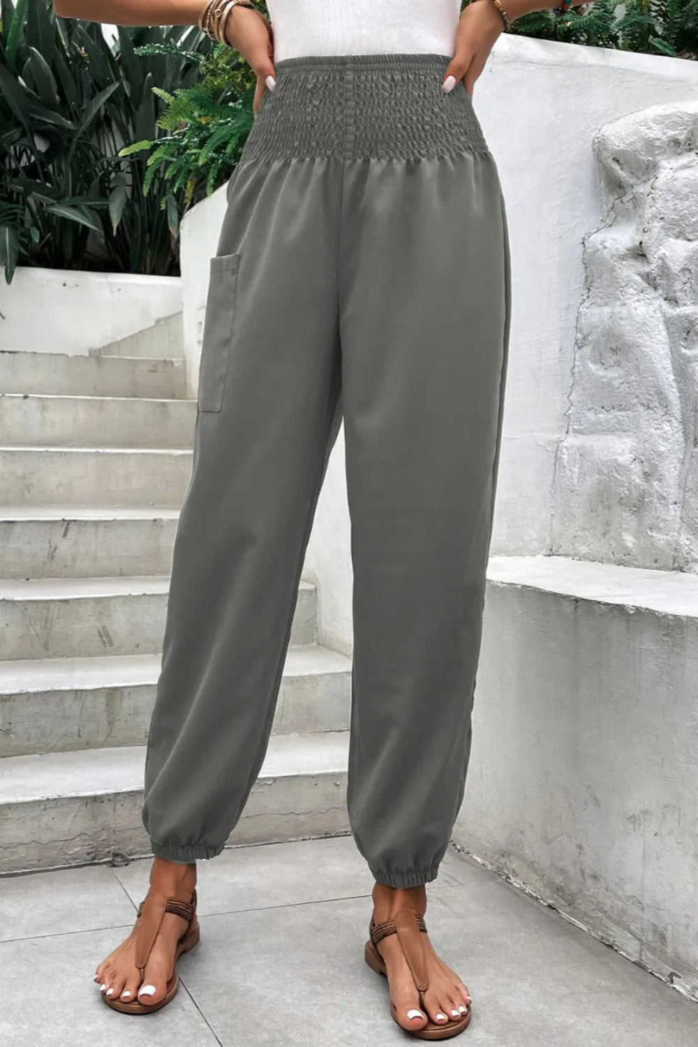 Joggers, high-waist, no drawstring, shirred, pocketed, opaque, slightly stretchy front view