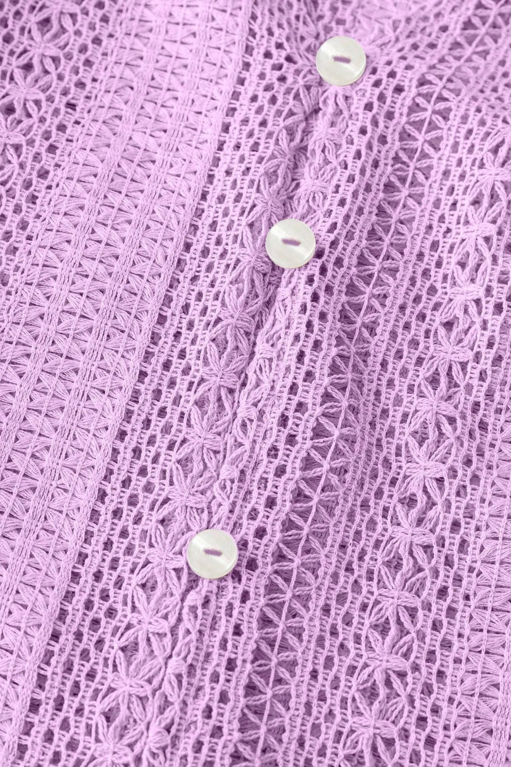 Shirt, long sleeve, crochet, ruffled v-neck, buttoned, unlined, slightly stretchy, close up view