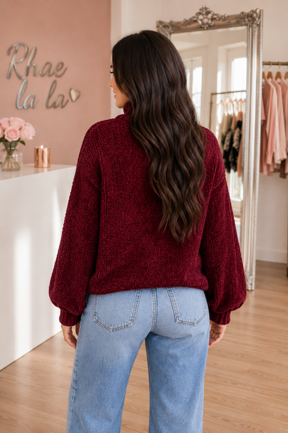 * Mock neck sweater
* Textured knit
* Drop shoulder
* Long sleeve
* Slightly stretchy