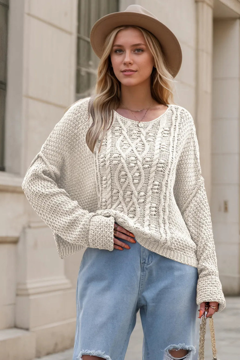 Sweater, pullover, long sleeve, drop shoulder, exposed seam, cable-knit, wide neck, stretchy front view