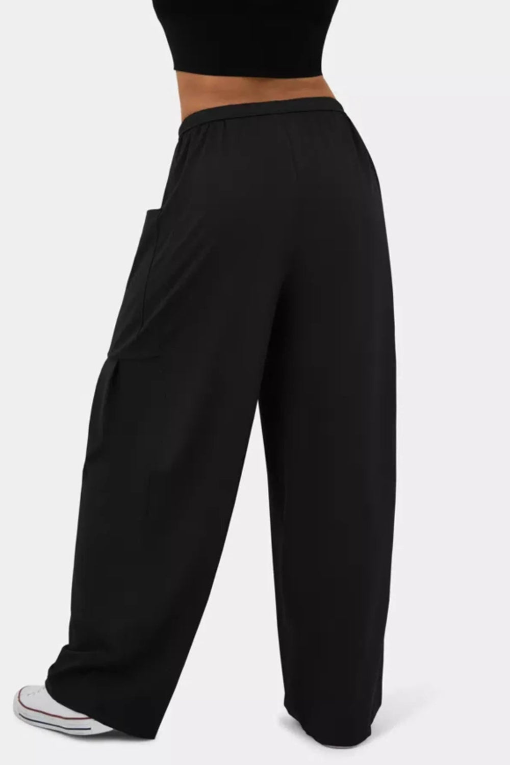 Pants, wide leg, drawstring waist, high-waist, pocketed, pleated at pockets, long, stretchy, back view