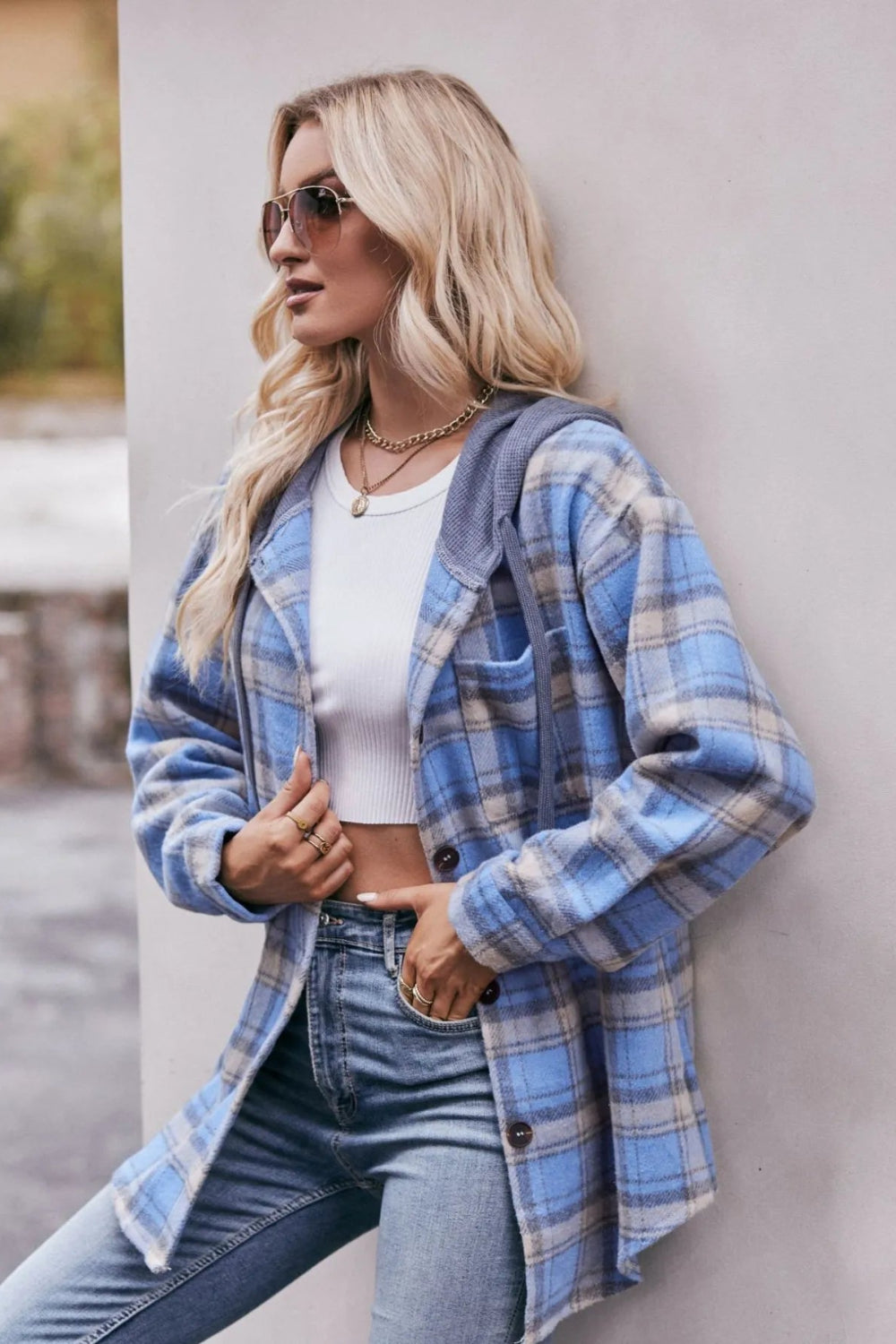 Plaid shacket, hoodie, drawstring, long sleeve, drop shoulder, buttoned, front patch pocket, pleated and buttoned cuffs, rounded hem, unlined, lightweight, no stretch, front view