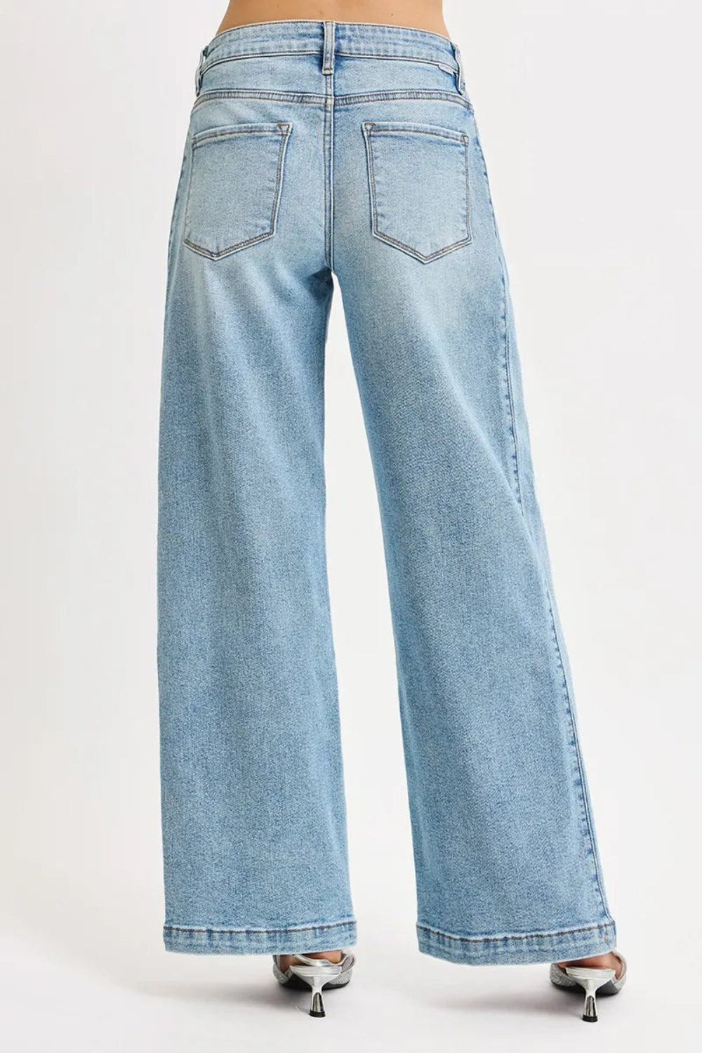 Risen Jeans, Mid-rise, wide barrel, transferable, leg snap, closed hem, medium washed, belt loops, button/zipper closure, pockets, slightly stretchy, back view
