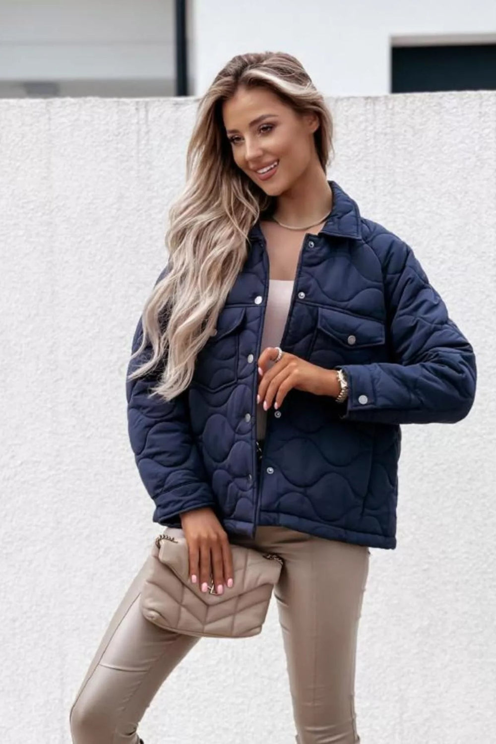 Jacket, quilted, snap-down, pocketed, collared, lined, long sleeve, snap cuffs, no stretch, front view