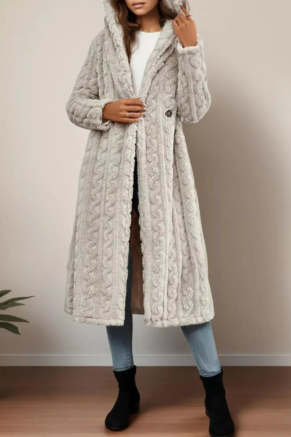 Longline coat, hooded, buttoned, pocketed, thick, lined, oversized, cable-knit design, some stretch, front view