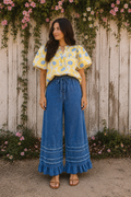 * Chambray 
* Wide-leg
* Ruffled hem
* Fringe
* Drawstring
* High-waist
* Pocketed
* Some stretch