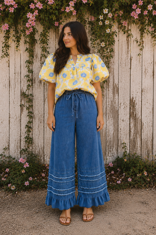 * Chambray 
* Wide-leg
* Ruffled hem
* Fringe
* Drawstring
* High-waist
* Pocketed
* Some stretch