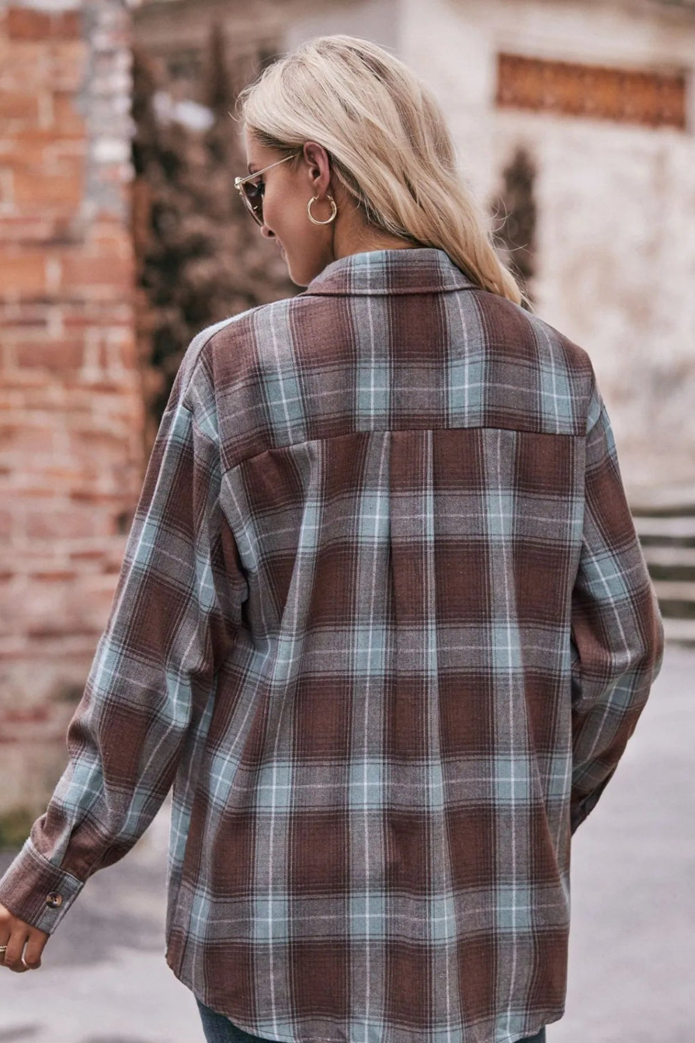 Long sleeve shirt, plaid, collared, pocketed, buttoned, oversized, drop shoulder, no stretch, many colors, front view