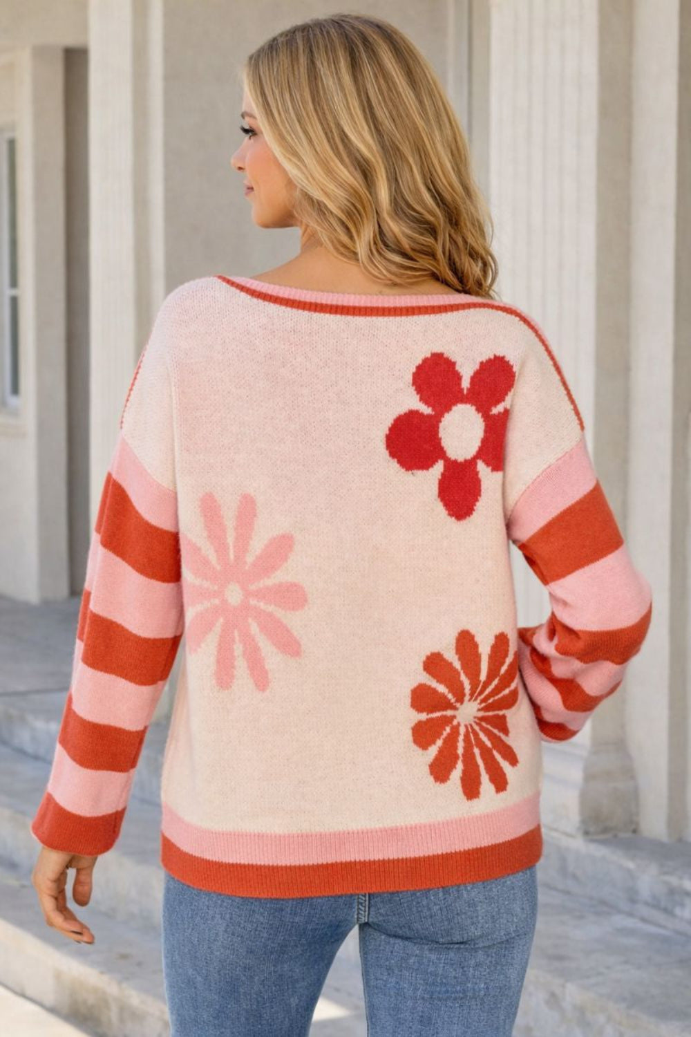 sweater, long sleeve, boat neck, ribbed, slightly stretchy, back view