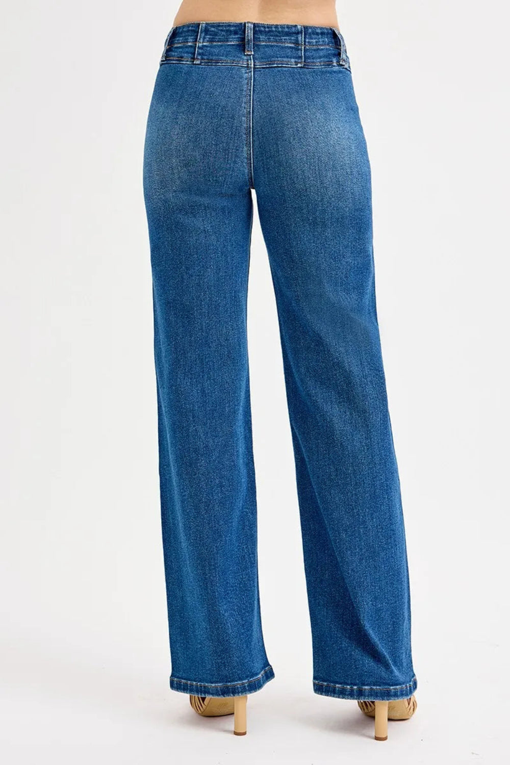 Risen Jeans, front seam detail, high-rise, medium wash, wide leg, reinforced stitching, secure button-zip closure, stretchy back view