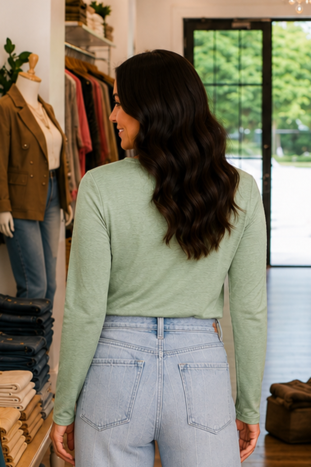 Model is wearing the back view of a long sleeve, v-neck, basic style top with a rounded hem and is slightly stretchy.