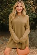 Sweater dress, mini, oversized, long sleeve, drop shoulder, slouchy, round neck, ribbed, exposed seam, slightly stretchy, front view
