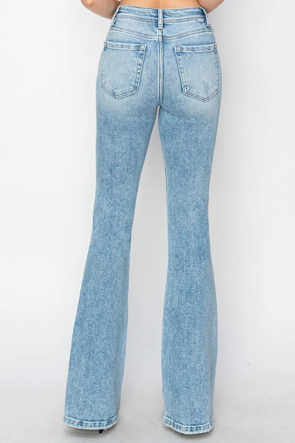 Risen Jeans, high-rise, 5-pocket construction, button/zip closure, light blue vintage wash, belt loop waistband, flared leg, slightly stretchy, back view