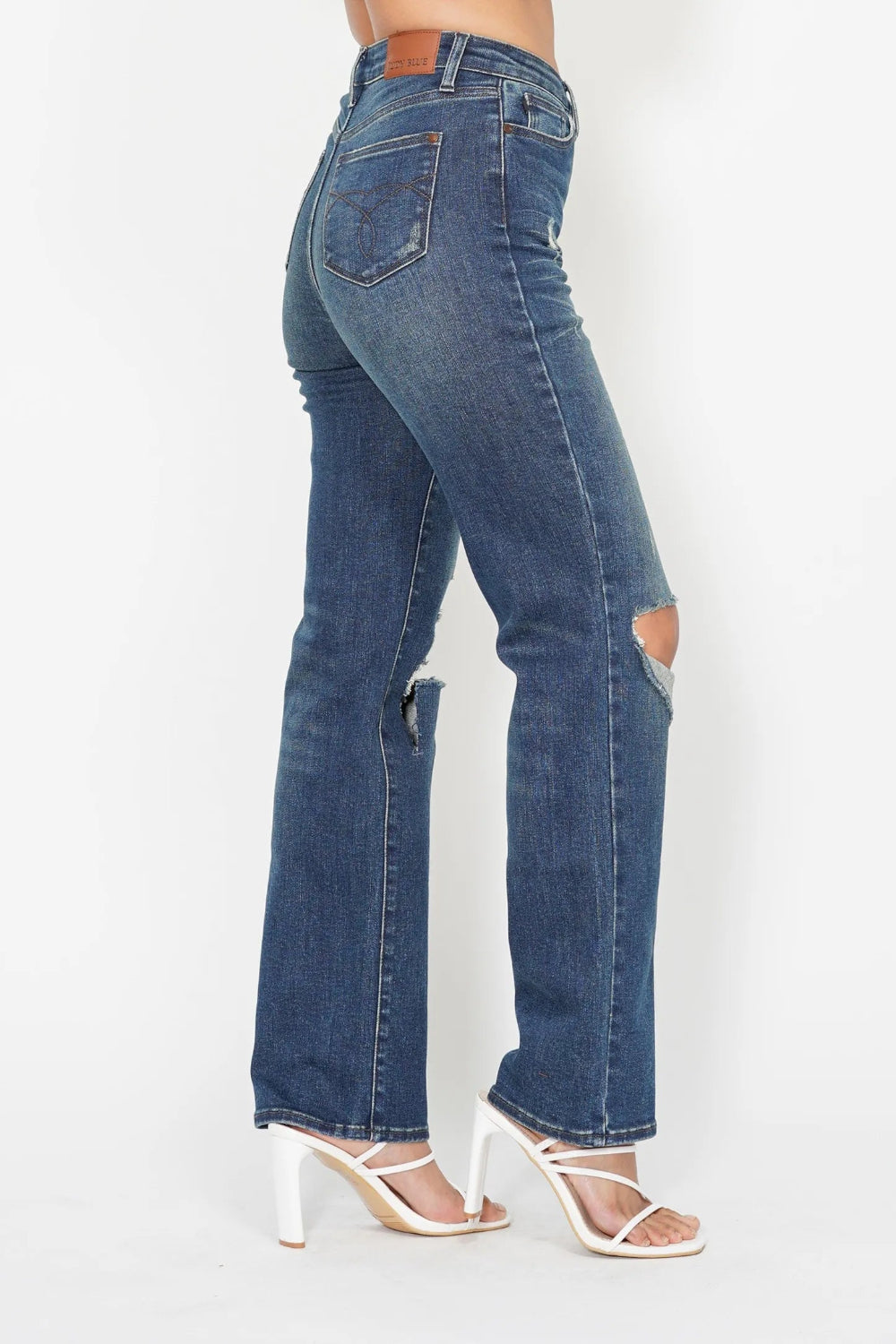 Judy Blue Jeans, full-size, high-rise, ripped knee, pocketed, distressed, straight leg, dad style, slightly stretchy side view