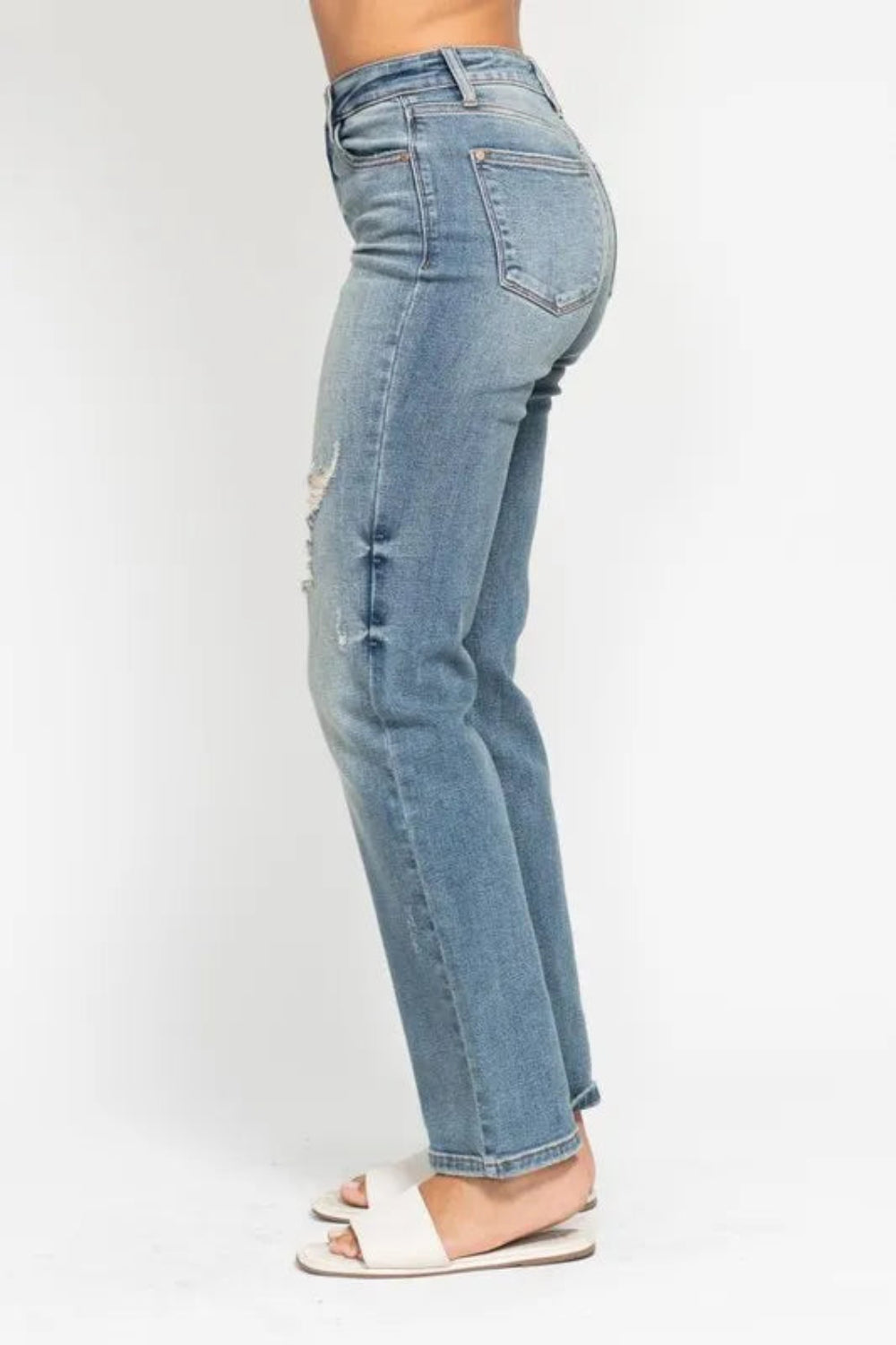 Judy Blue Jeans, full-size, high-rise, relaxed fit, straight leg, vintage wash, distressed, 5-pocket detailing, belt looped, button/zipper closure, slightly stretchy, side view