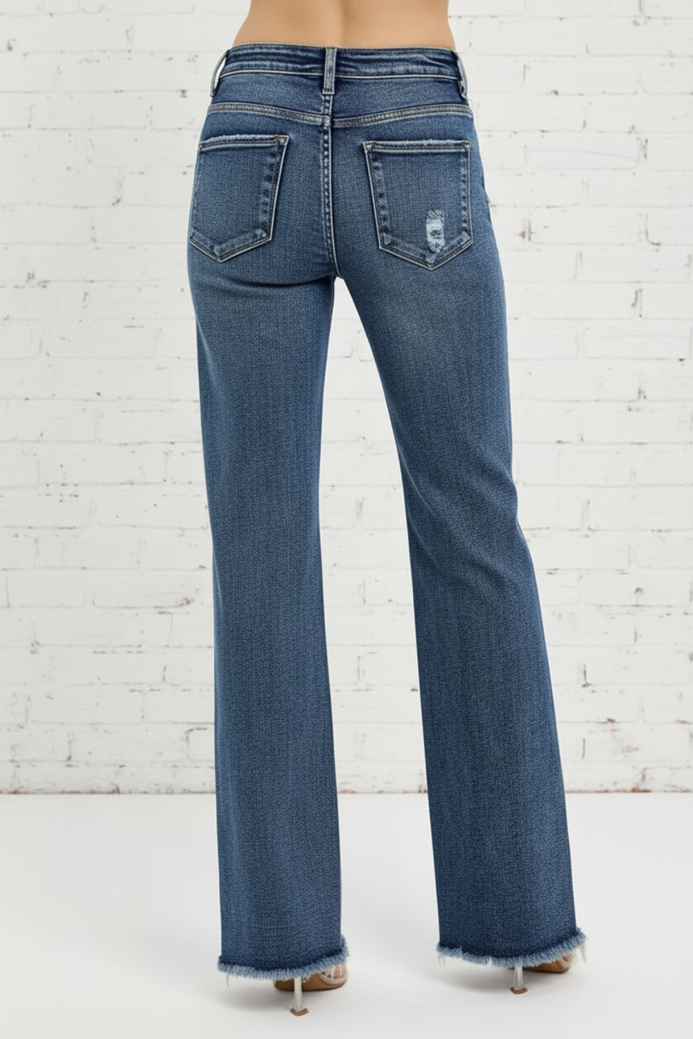 Risen Jeans, full-size, high-rise, distressed, raw hem, long, straight leg, dark wash, button/zipper closure, belt loops, pocketed, slightly stretchy, back view