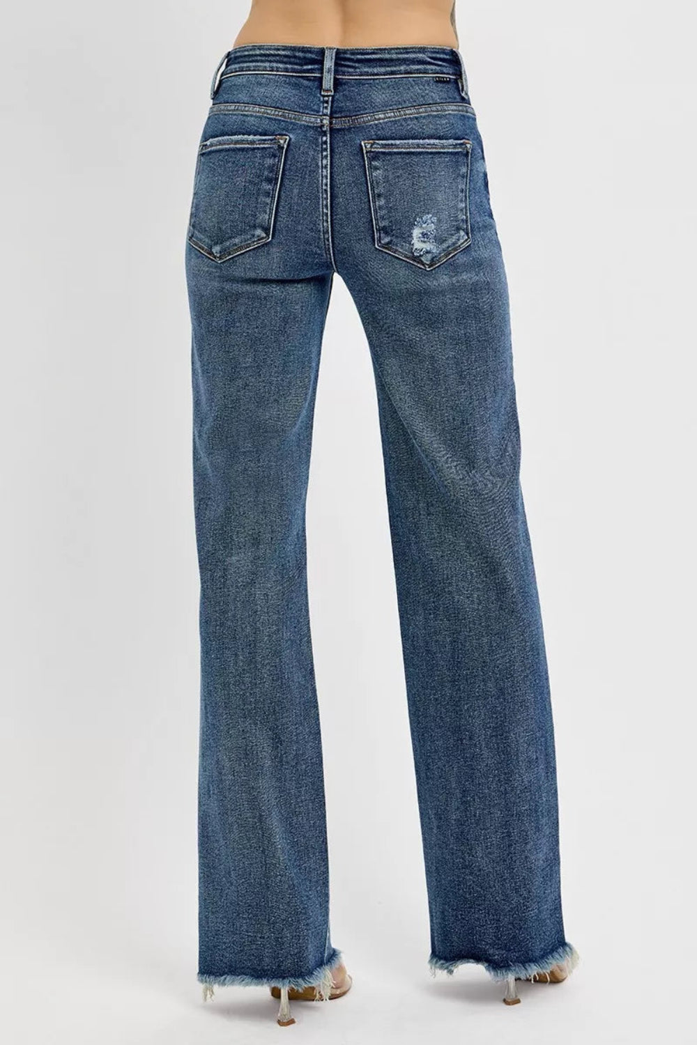 Risen Jeans, full-size, high-rise, distressed, raw hem, long, straight leg, dark wash, button/zipper closure, belt loops, pocketed, slightly stretchy, back view