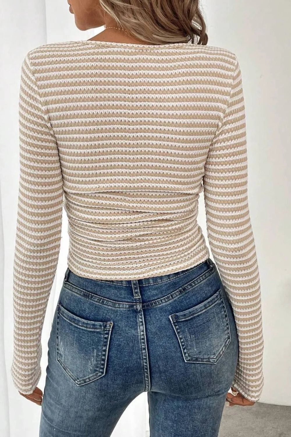 Top, Pullover, Square neck, Long sleeve,
Ribbed, Striped, Fitted, Stretchy, back view