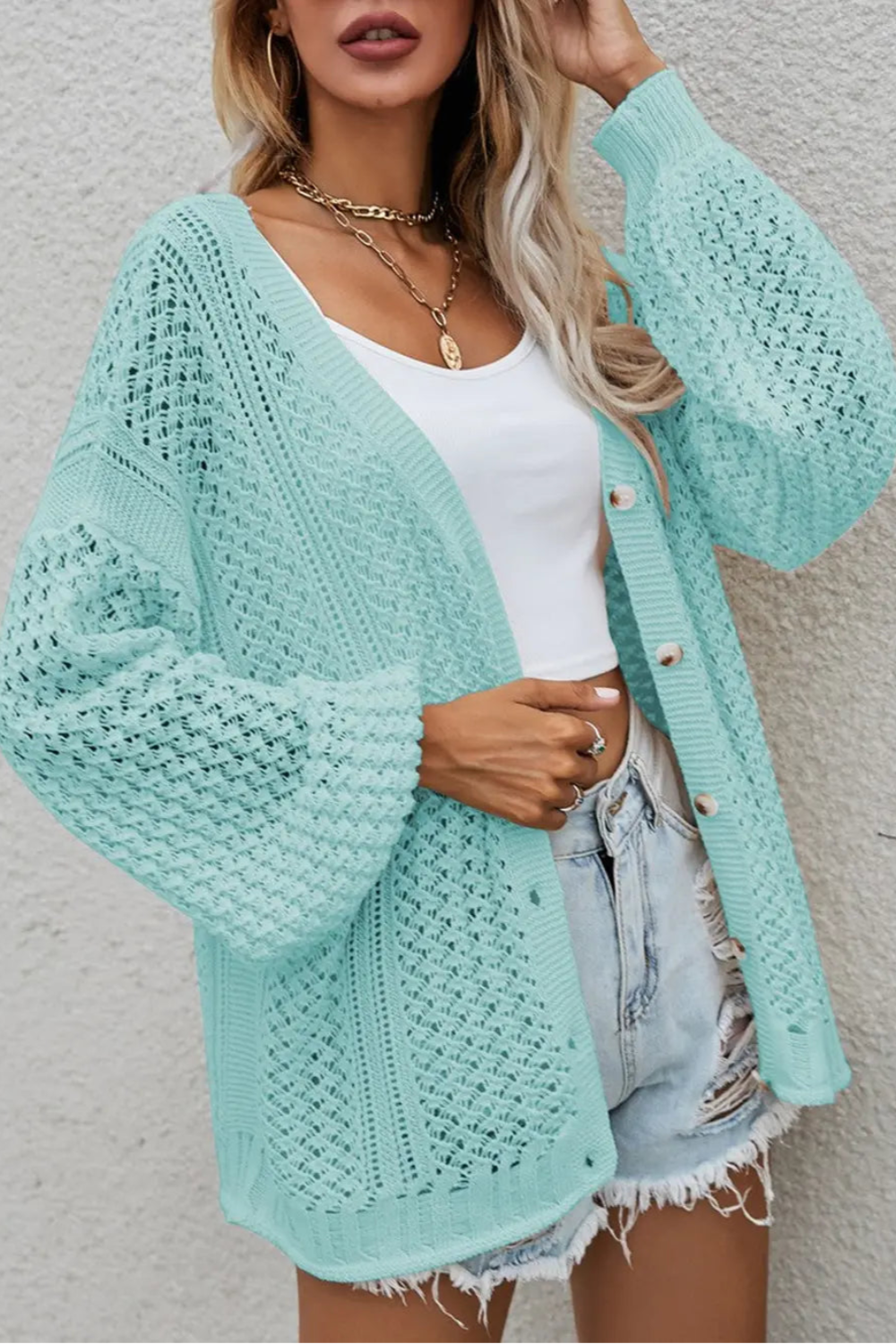 Cardigan, long sleeve, openwork, buttoned, oversized, drop shoulder, stretchy front view