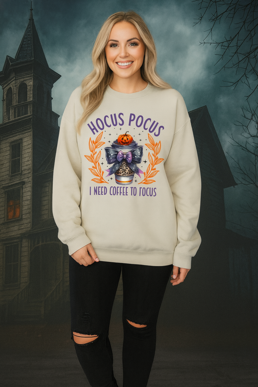 graphic sweatshirt, pullover, long sleeve, round neck, drop shoulder, oversized, several colors, front view