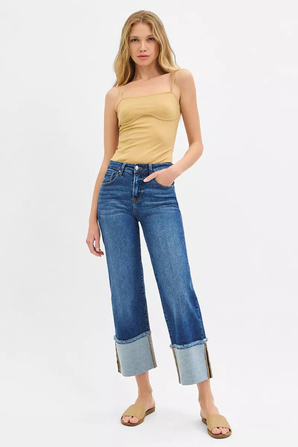 Risen Jeans, full-size, mid-rise, cropped, raw hem, cuffed, wide leg, dark wash, belt loops, pocketed, button/zipper closure, slightly stretchy, front view