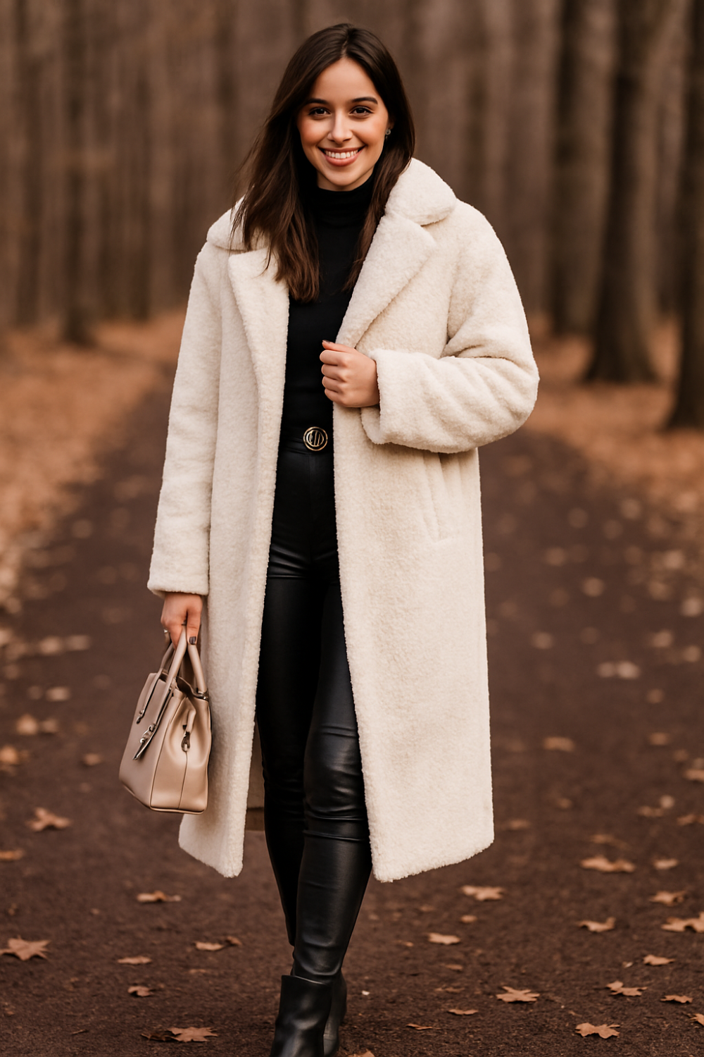 coat, longline, lined, hooded, buttoned, pocketed, thick, oversized, slightly stretchy, front view