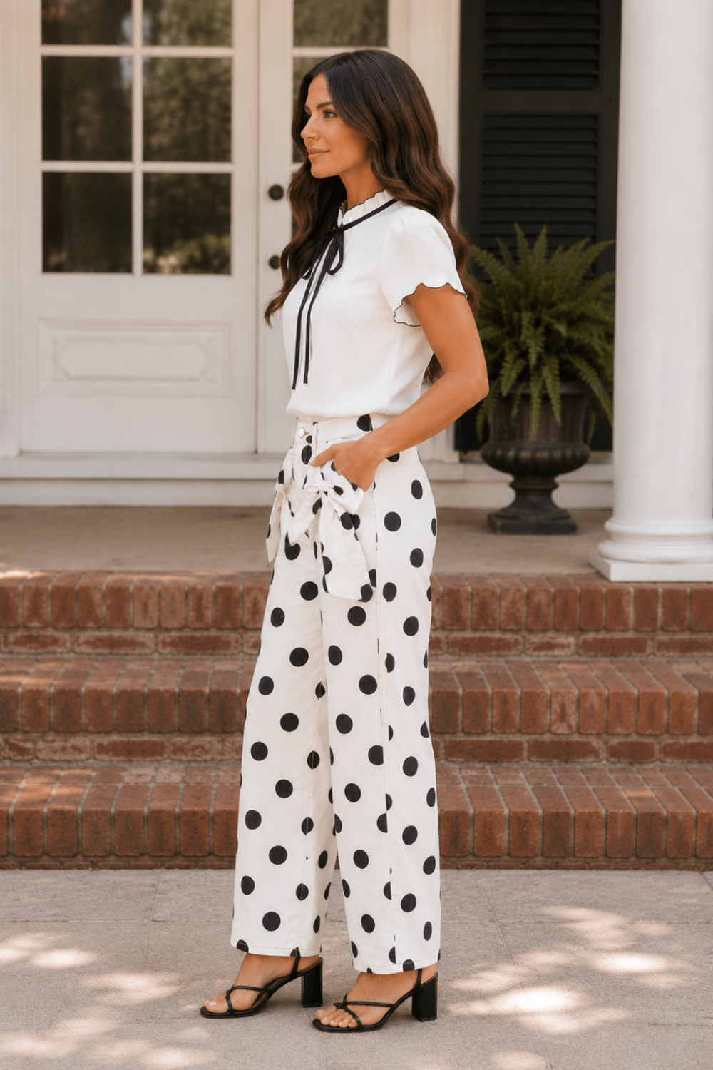 * Jeans
* Polka dot print
* Pocketed
* Belt loops
* Button/zipper closure
* Bow ties
* High-waist
* Loose fit
* Stretchy