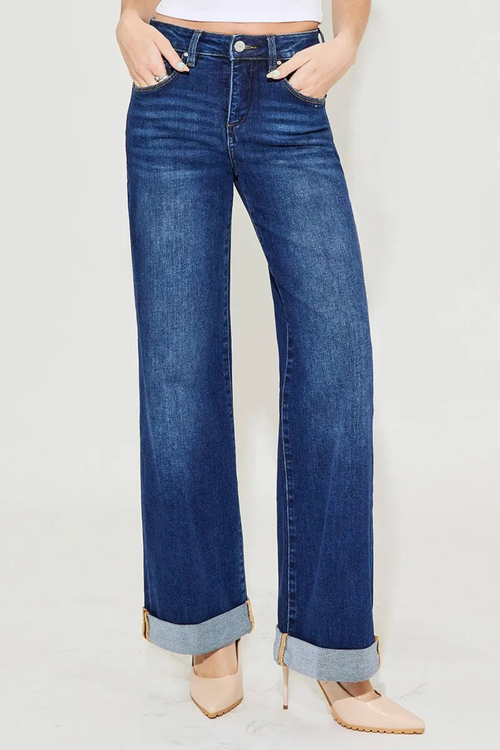 Risen Jeans, full-size, high-rise, denim, tummy control, wide leg, vintage dark wash, versatile roll up cuffs, 5-pocket construction, button/zip closure, belt loop waistband, slightly stretchy