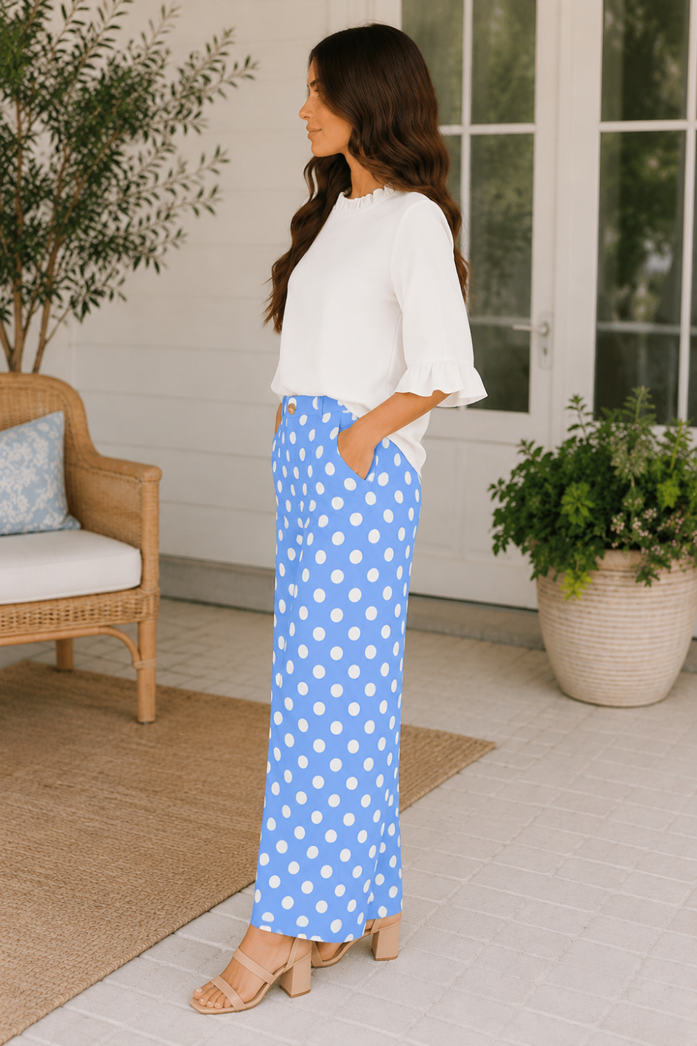 * Mid-rise
* Straight leg
* Patch pocket
* Button/zipper closure
* Belt loops
* Polka dot print
* No stretch