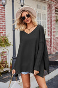 Sweater, pullover, long sleeve, drop shoulder, side slit, oversized, v-neck, exposed seam, ribbed sleeves, stretchy front view