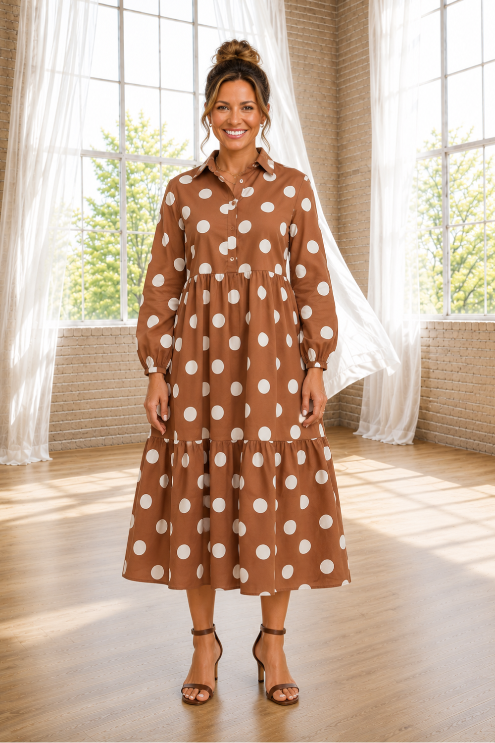 * Midi dress
* Polka dot print
* Collared neck
* Buttoned
* Long sleeve
* High waist
* Ruffled
* Shift style
* Pocketed
* Unlined
* No stretch