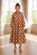 * Midi dress
* Polka dot print
* Collared neck
* Buttoned
* Long sleeve
* High waist
* Ruffled
* Shift style
* Pocketed
* Unlined
* No stretch