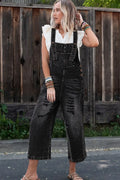 Overalls, Denim, Wide Strap, Distressed, Side Button Closure, Button Straps, Cropped, Pocketed, Bibbed, Slightly Stretchy Front View
