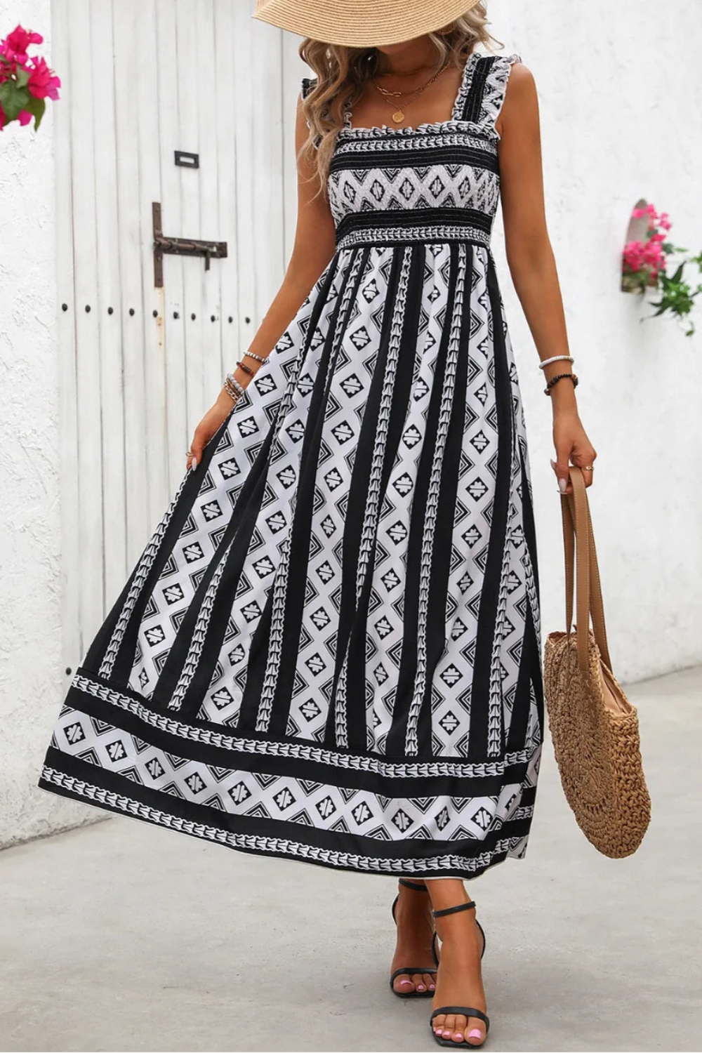 maxi dress, geometric pattern, wide straps, square neck, opaque, unlined, slightly stretchy, smocked, ruffled, pleated front view