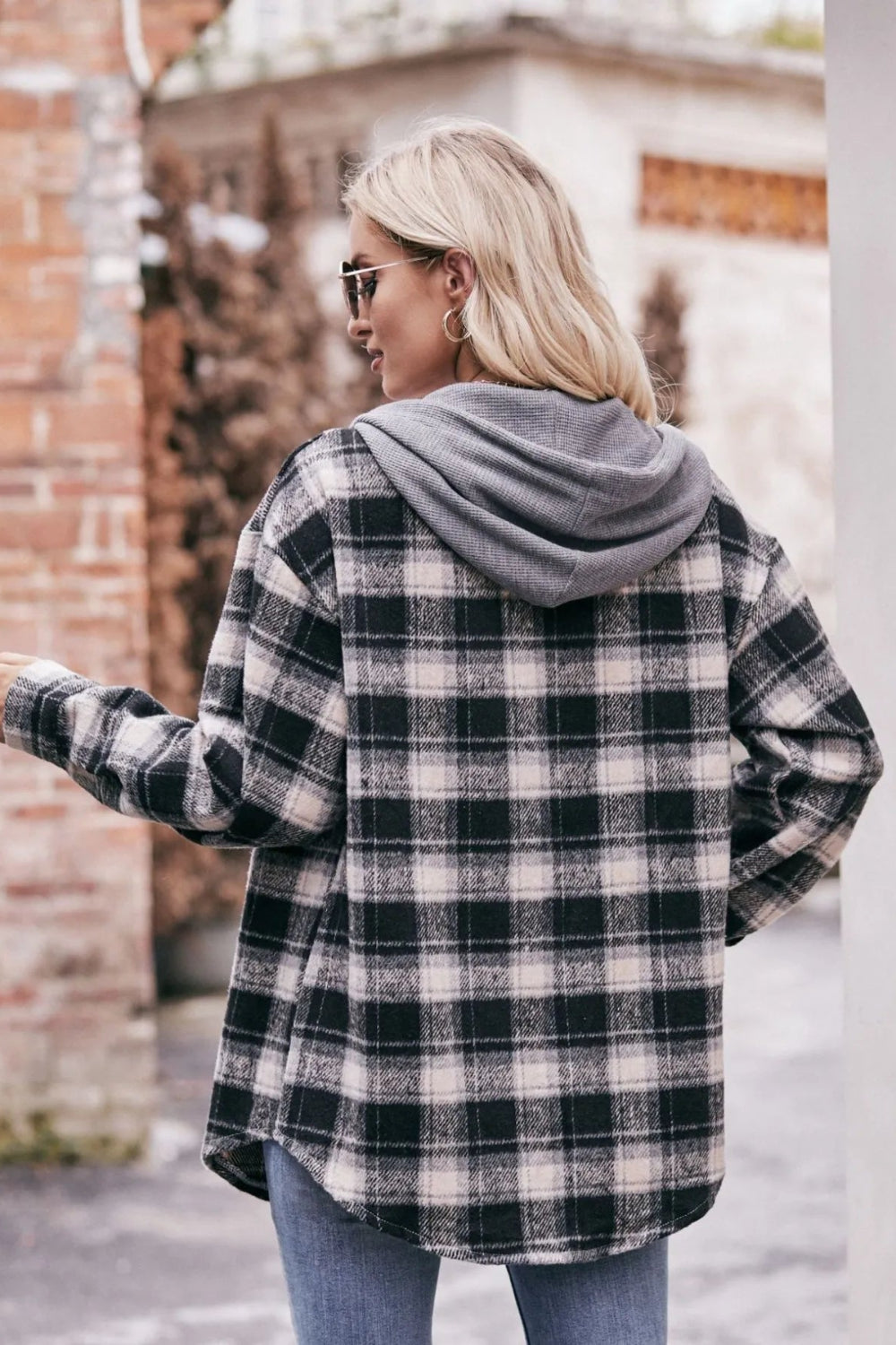 Plaid shacket, hoodie, drawstring, long sleeve, drop shoulder, buttoned, front patch pocket, pleated and buttoned cuffs, rounded hem, unlined, lightweight, no stretch, back view