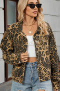 Denim jacket, leopard print, collared, pocketed, drop shoulder, buttoned, unlined, adjustable, no stretch front view