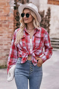 Long sleeve shirt, plaid, collared, pocketed, buttoned, oversized, drop shoulder, no stretch, many colors, front view