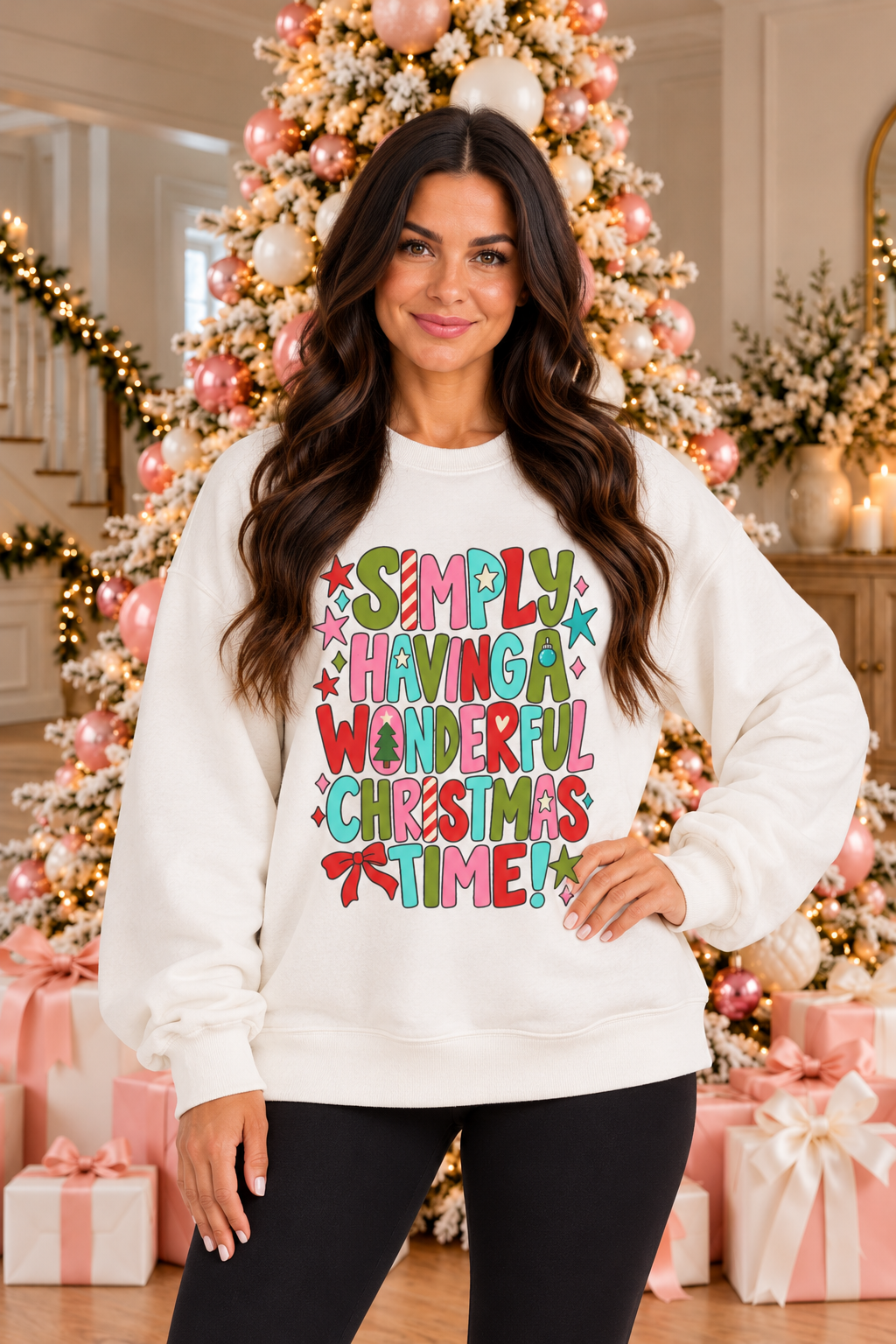 Wonderful Christmas Time Graphic Sweatshirt in white with pink, turquoise, red and green lettering, stars and Christmas bow.