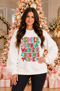 Wonderful Christmas Time Graphic Sweatshirt in white with pink, turquoise, red and green lettering, stars and Christmas bow.
