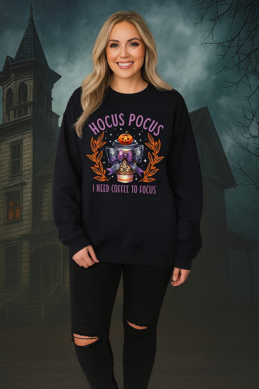graphic sweatshirt, pullover, long sleeve, round neck, drop shoulder, oversized, several colors, front view