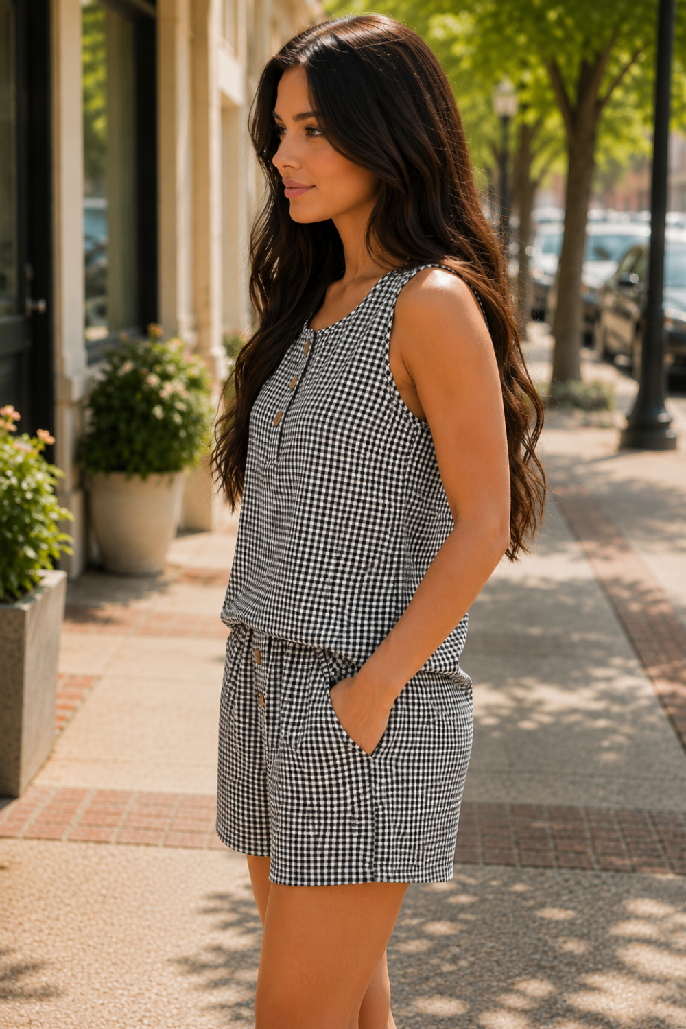 * Two-piece set
* Round neck
* Buttoned
* Sleeveless
* Buttoned shorts
* Pocketed
* No stretch