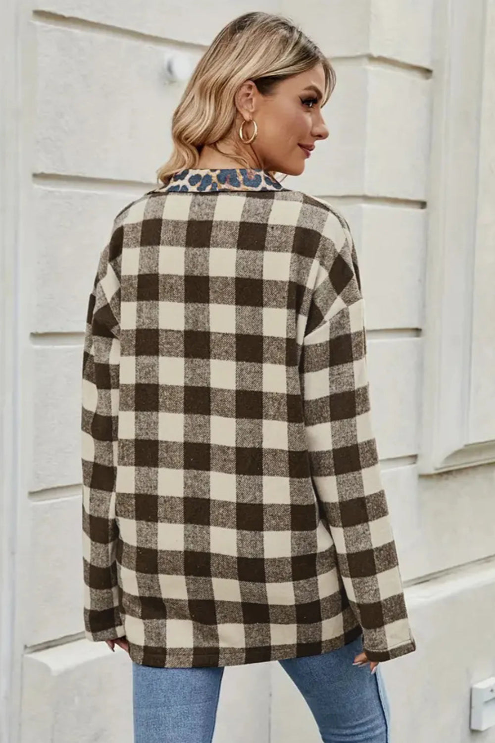 Shirt, long sleeve, drop shoulder, collared, buttoned, front leopard print pocket, plaid print, leopard trim, opaque, oversized, no stretch, back view
