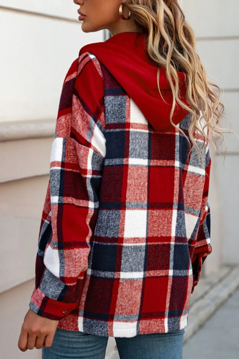 Plaid shacket, removable hood, drop shoulder, long sleeve, buttoned, pocketed, unlined, light weight, no stretch, back view