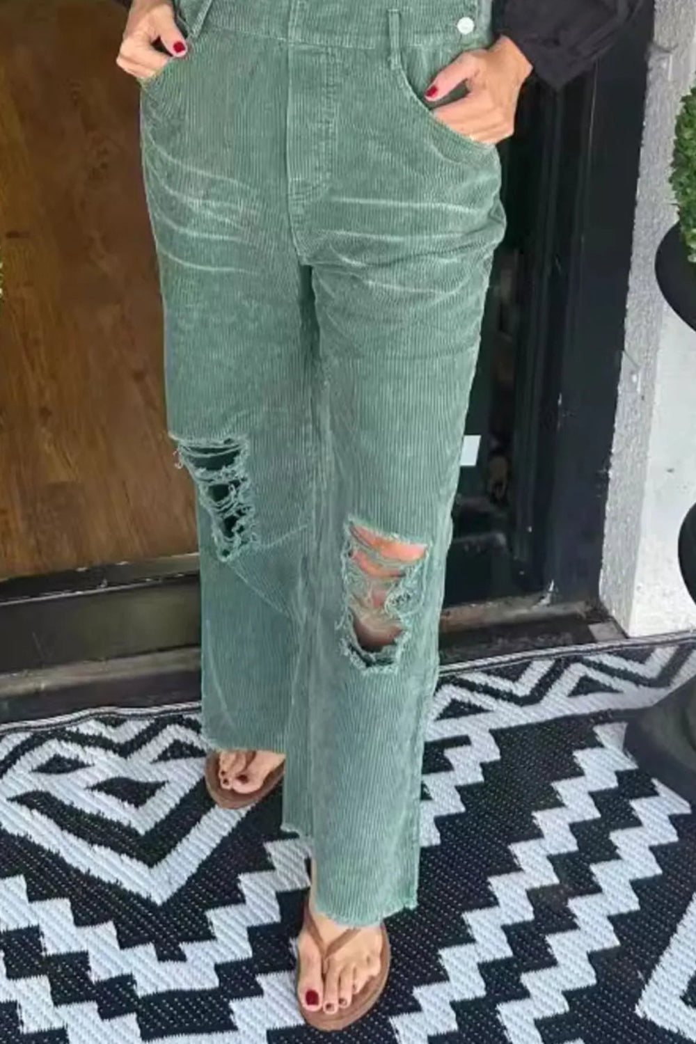 Overalls, corduroy, distressed, straight leg, pocketed, frayed hem, button clasp, no stretch, comes in several colors front view