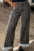 Jeans, leopard print, mid-rise, straight leg, elastic waist, belt loops, pocketed, button/zipper closure, frayed hem, some stretch, front view
